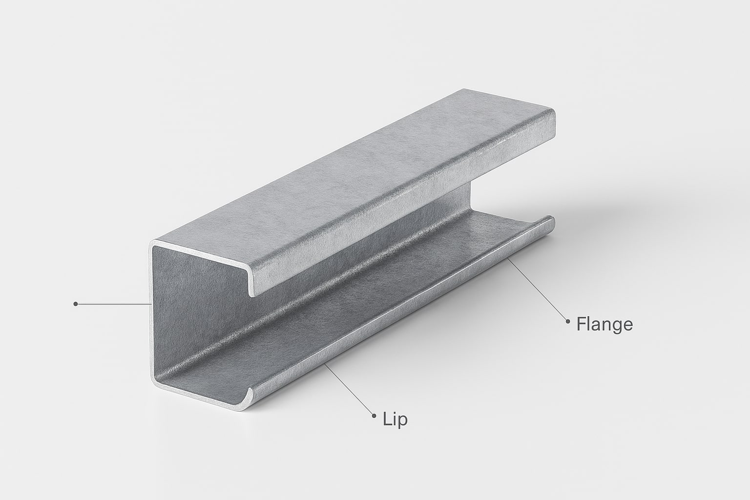 Diagram profil besi CNP (kanal C) menampilkan web, flange, dan lip untuk aplikasi purlin atap dan girt dinding