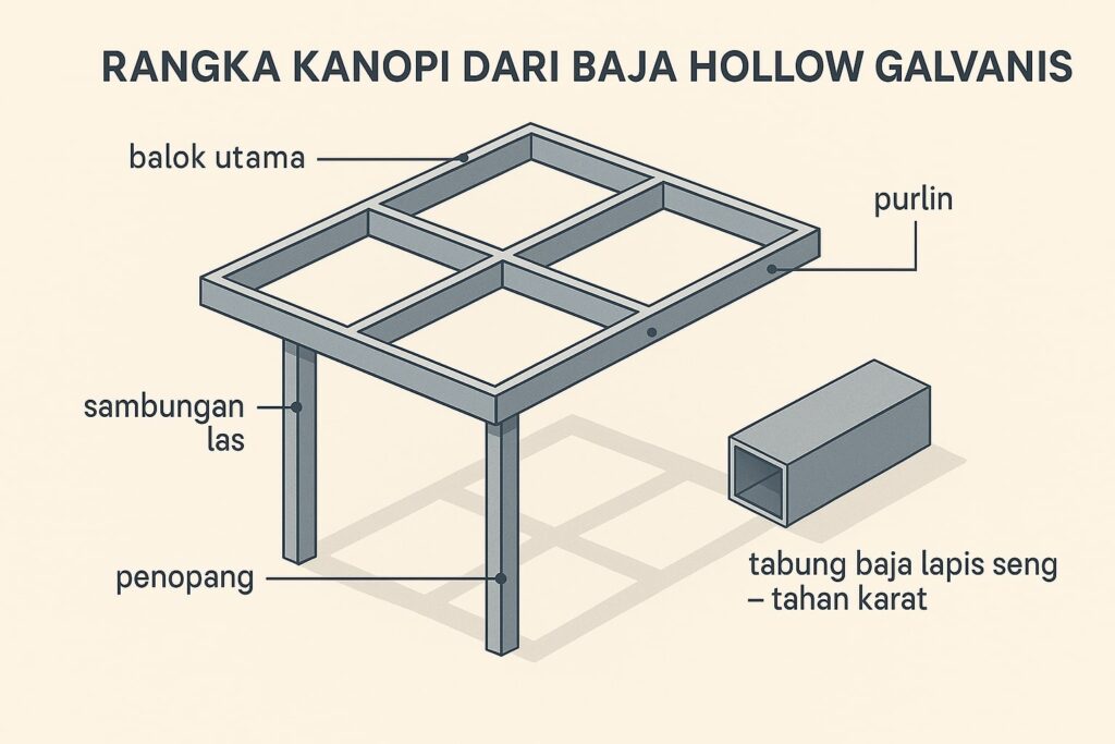 Diagram struktur rangka kanopi menggunakan besi hollow galvanis