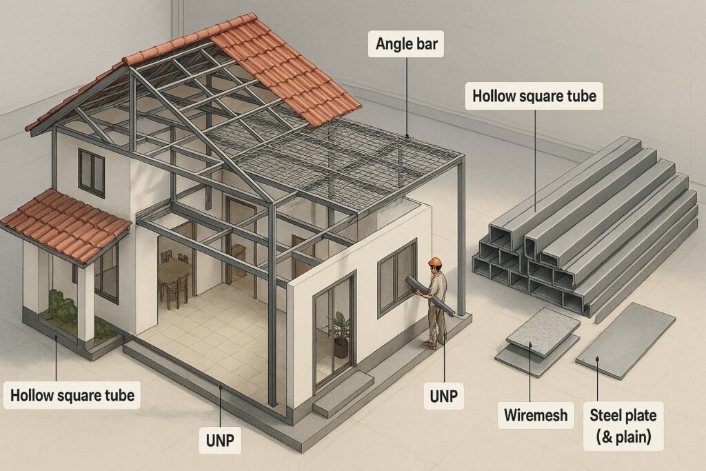 Ilustrasi 5 material besi untuk renovasi rumah, besi siku, hollow, UNP, plat, dan wiremesh