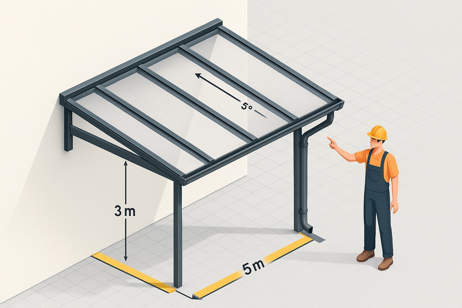 Ilustrasi 3D kanopi 3×5 m dengan penanda 3 m dan 5 m serta kemiringan 5° dari dinding ke depan.