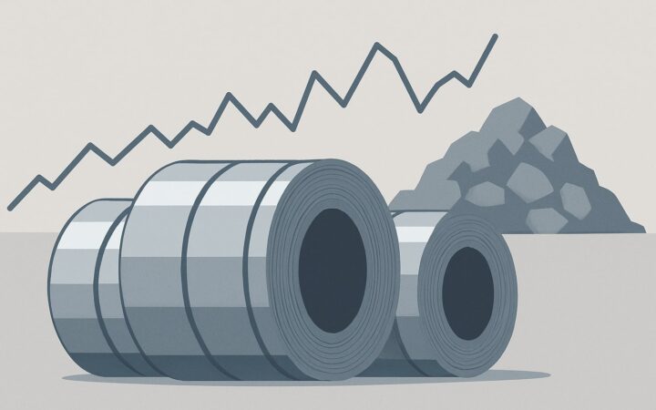 Ilustrasi editorial tren nikel dan stainless 2025, gulungan coil stainless dan grafik harga sederhana
