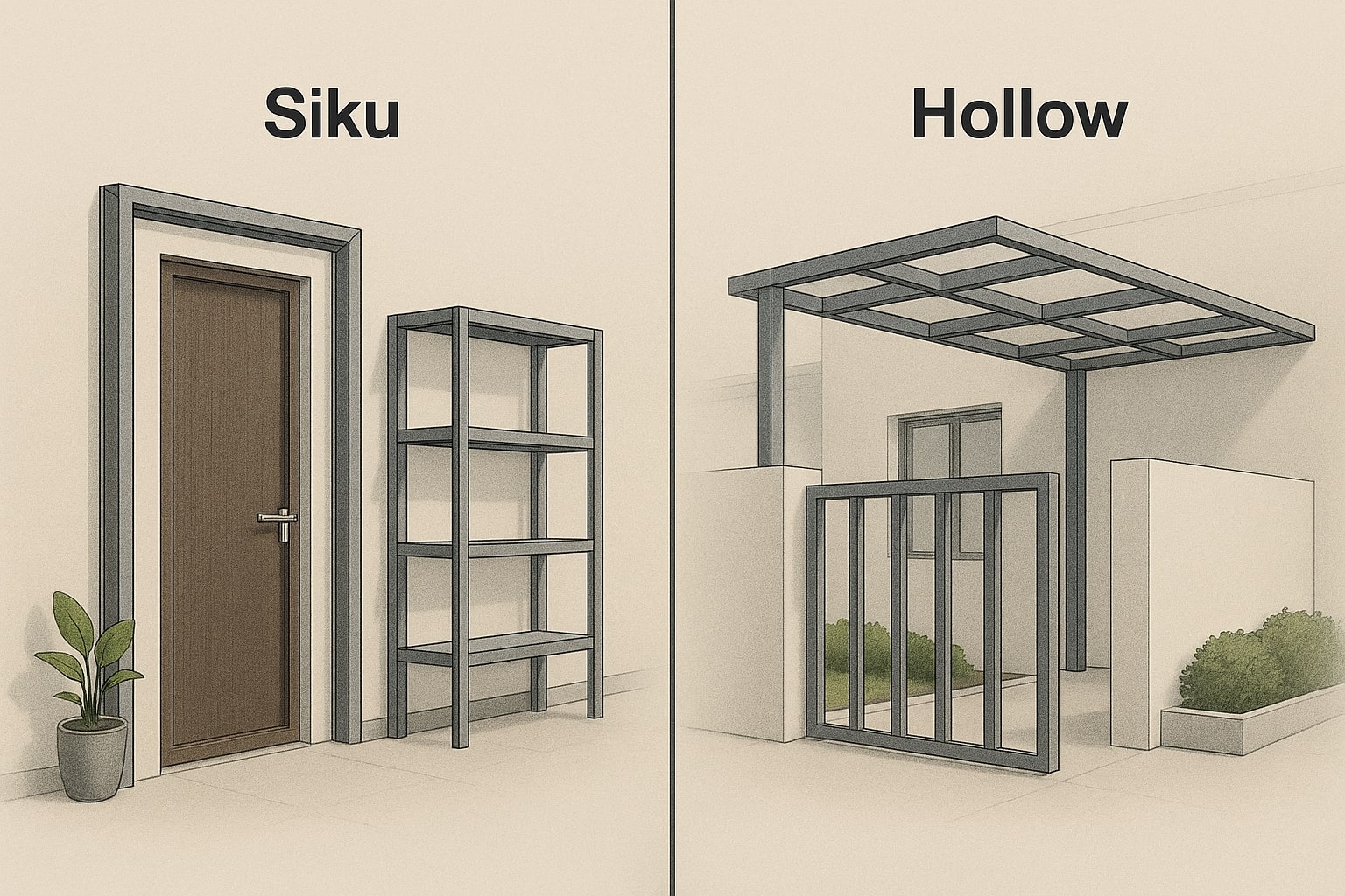 Perbandingan penggunaan besi siku dan besi hollow untuk rangka, pagar, dan kanopi