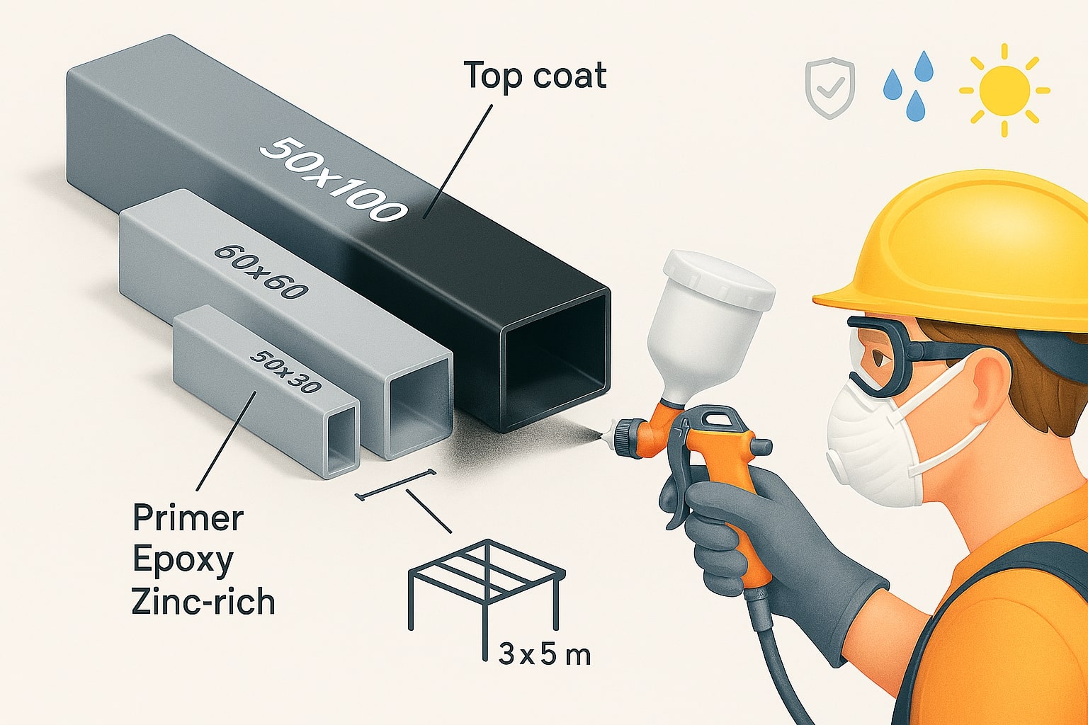 Pekerja menyemprot primer epoxy zinc-rich pada lasan hollow sebelum top coat sebagai proteksi karat.