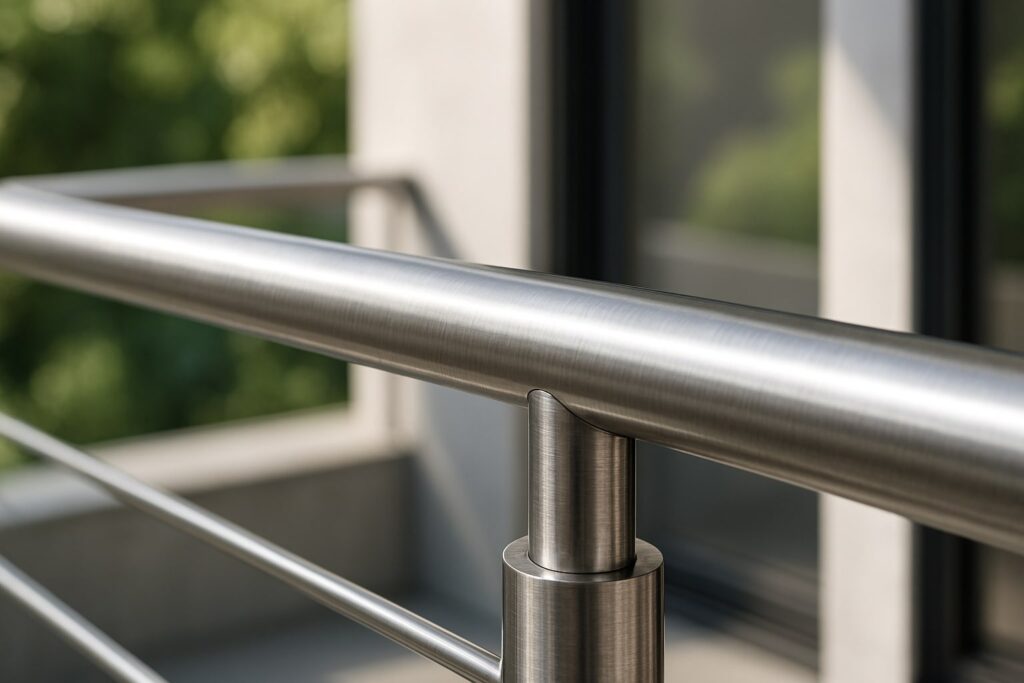 Close up railing pipa stainless 304 finishing hairline pada teras rumah modern