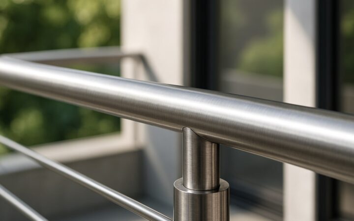 Close up railing pipa stainless 304 finishing hairline pada teras rumah modern