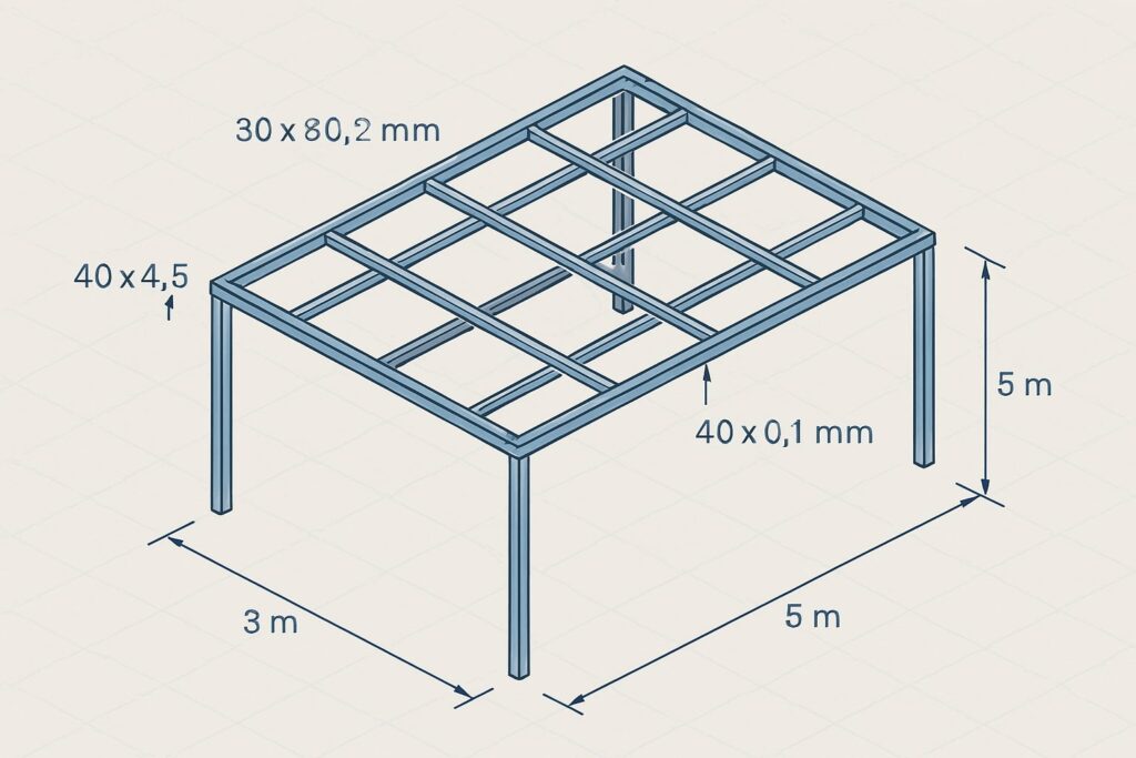 Ilustrasi kanopi 3×5 meter dengan grid hollow 40×40 dan reng 30×30 lengkap garis ukuran