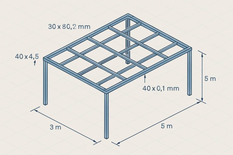 Ilustrasi kanopi 3×5 meter dengan grid hollow 40×40 dan reng 30×30 lengkap garis ukuran