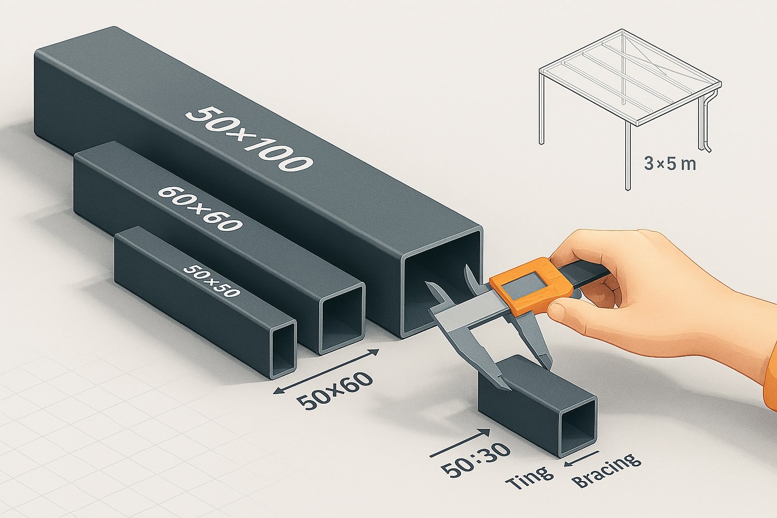 Susunan hollow 50×100, 60×60, 30×50, dan 30×30 untuk kanopi dengan tangan mengukur tebal memakai jangka sorong.