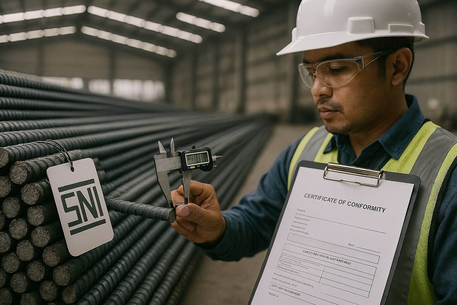 Engineer memverifikasi besi SNI menggunakan jangka sorong dan sertifikat kesesuaian untuk memastikan standar KAN/LSPro terpenuhi