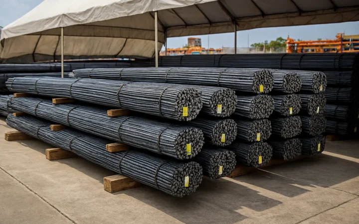 Penyimpanan besi beton rapi di gudang kering, terangkat di atas dunnage, jalur ventilasi jelas, terpal miring dengan celah udara.