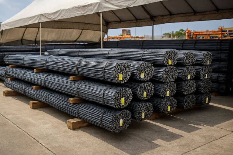 Penyimpanan besi beton rapi di gudang kering, terangkat di atas dunnage, jalur ventilasi jelas, terpal miring dengan celah udara.