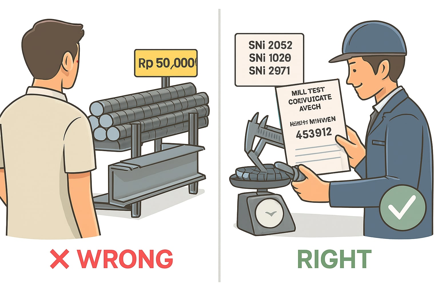 Perbandingan salah vs benar saat memilih besi: harga murah tanpa dokumen vs cek SNI, MTC, heat number, dan ukuran.