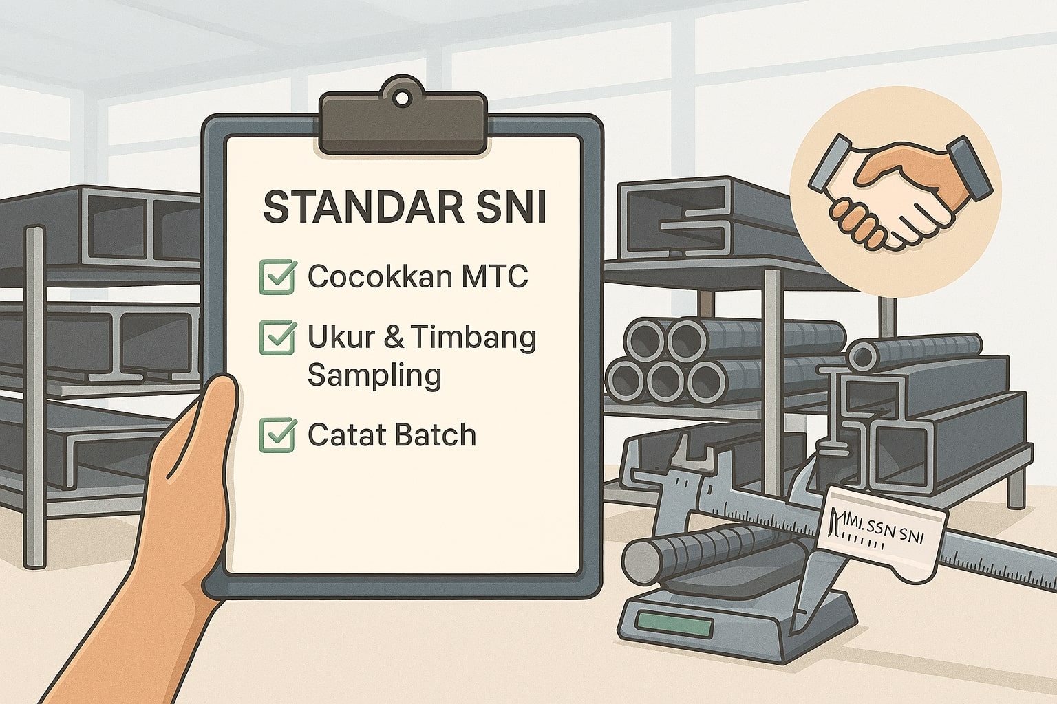 Checklist pilih besi bangunan: standar SNI, MTC, ukur-timbang, catat batch—dengan simbol pemasok tepercaya