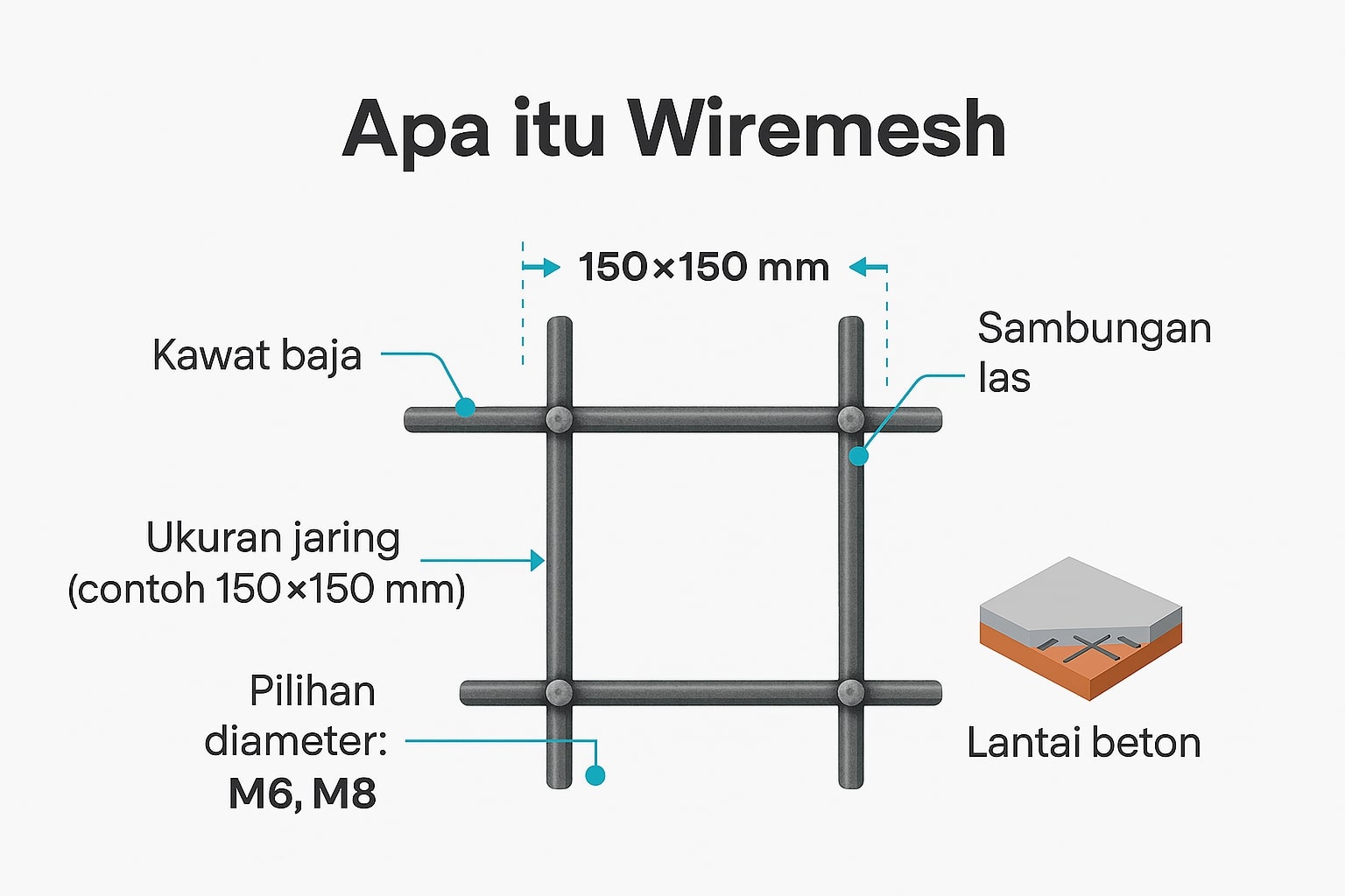 Diagram pengertian wiremesh dengan label sambungan las, ukuran jaring, dan pilihan diameter kawat