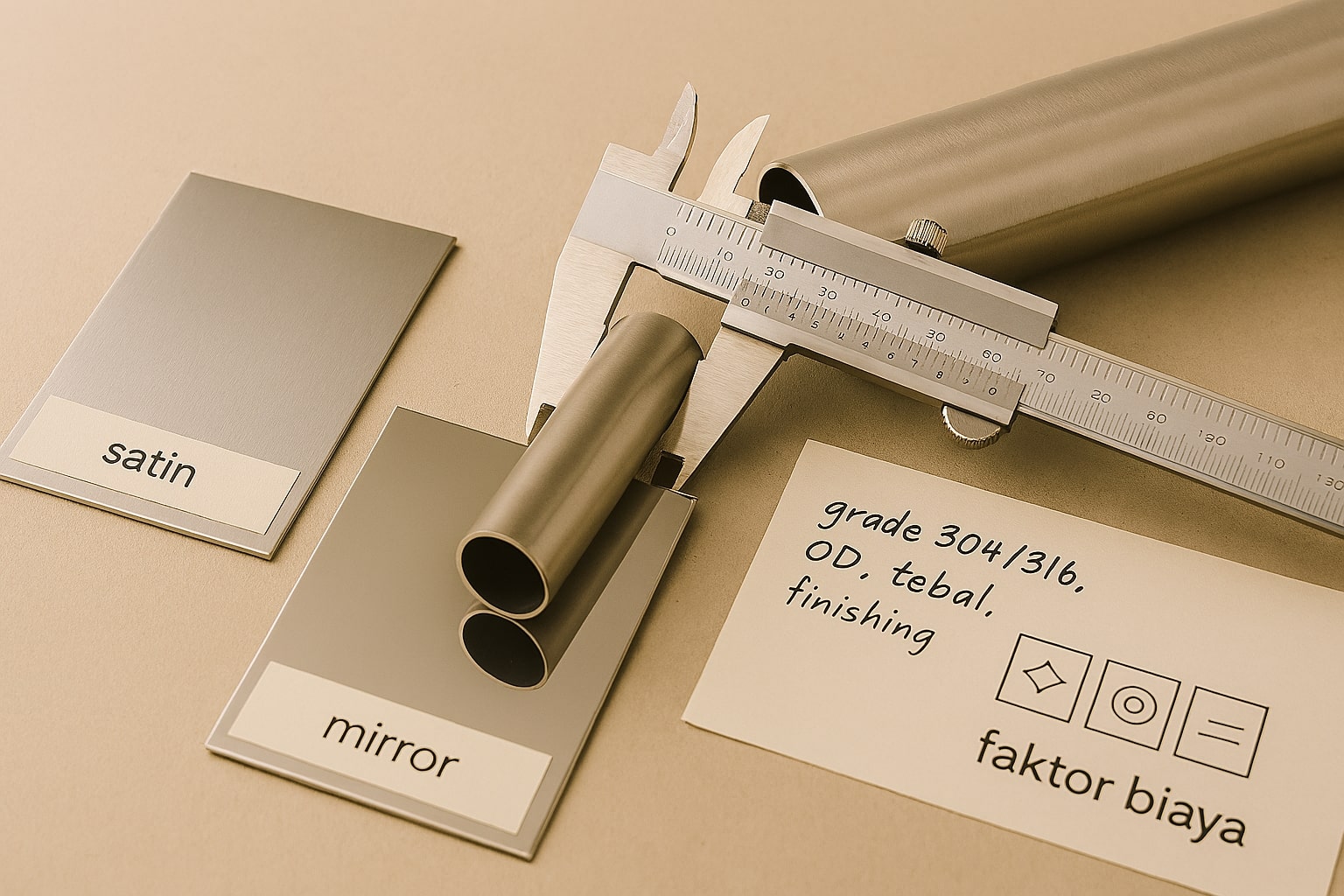 Ilustrasi faktor penentu harga pipa stainless: grade 304/316, diameter, ketebalan, finishing, dan variabel pasar.