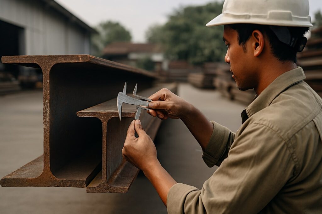 Perbandingan besi H-Beam (WF) dan I-Beam (INP) di gudang material, teknisi mengukur lebar flange untuk kebutuhan kolom dan balok gedung.