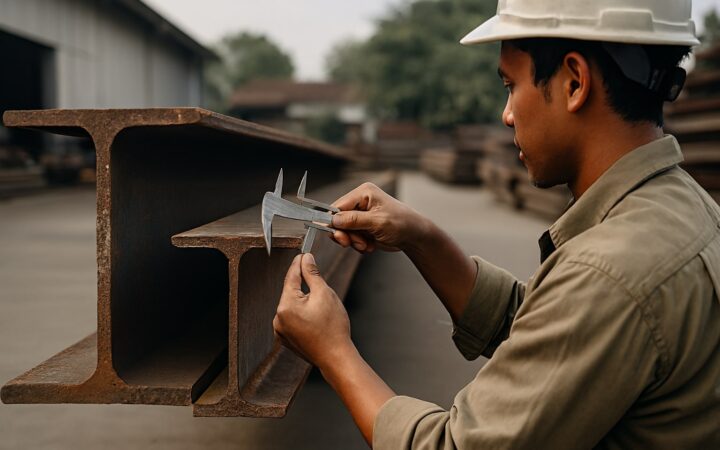 Perbandingan besi H-Beam (WF) dan I-Beam (INP) di gudang material, teknisi mengukur lebar flange untuk kebutuhan kolom dan balok gedung.