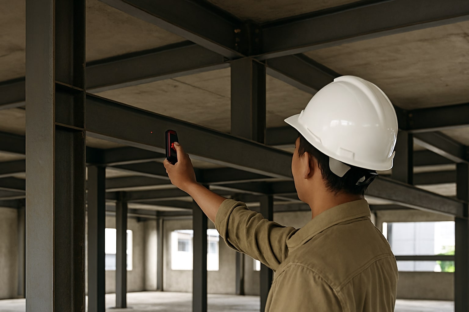 Kerangka gedung baja menampilkan kolom H-Beam dan balok I-Beam/INP, contoh penerapan efisien untuk beban tekan dan lentur.