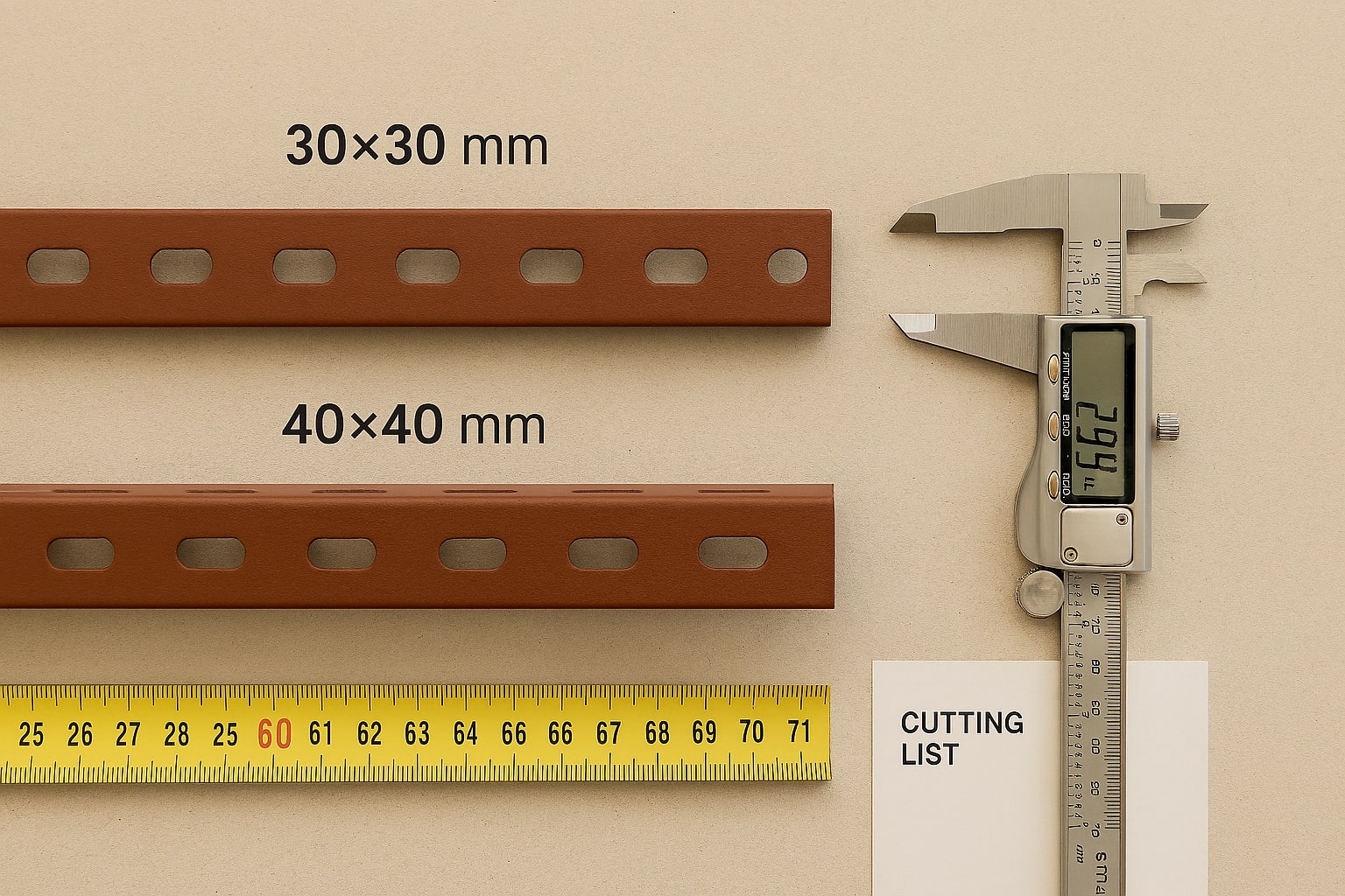 Flat-lay besi siku 30×30 dan 40×40 dengan kaliper mengukur ketebalan 2–3 mm dan meteran 6 m per batang di atas papan kerja.