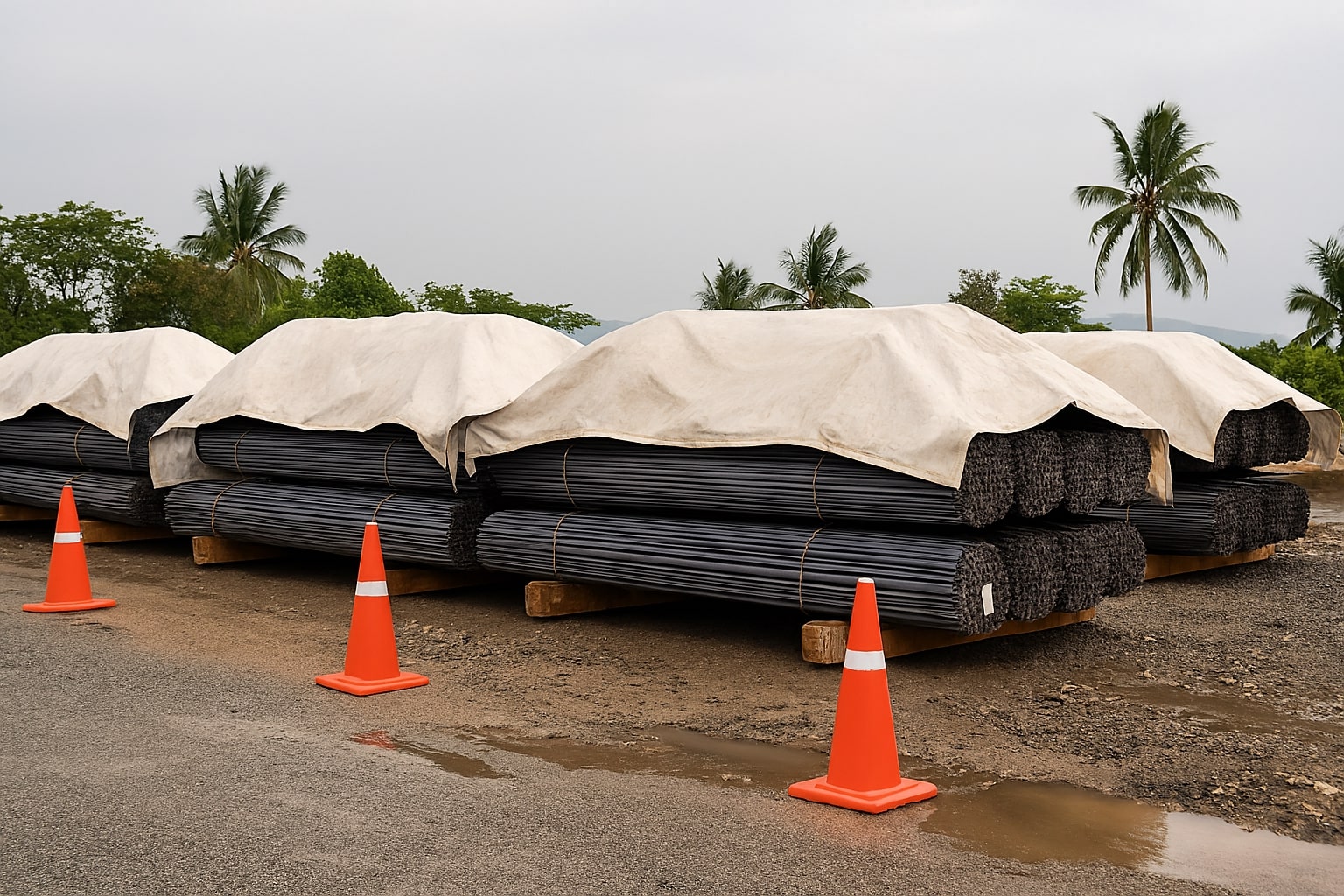 Penyimpanan besi beton luar ruang di atas dunnage tinggi, terpal miring berventilasi, dasar gravel miring untuk drainase.