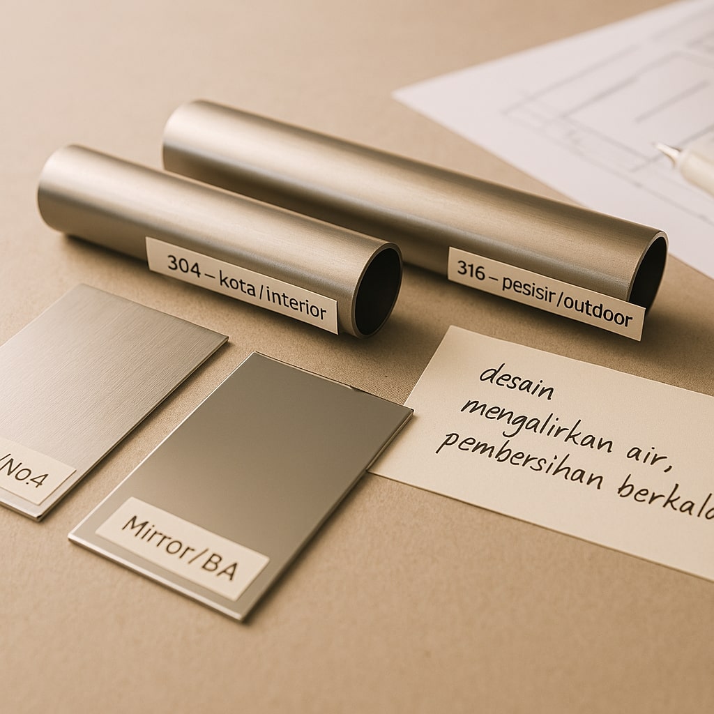 Sampel pipa stainless 304 dan 316 dengan pilihan finishing satin dan mirror untuk pagar dan railing.
