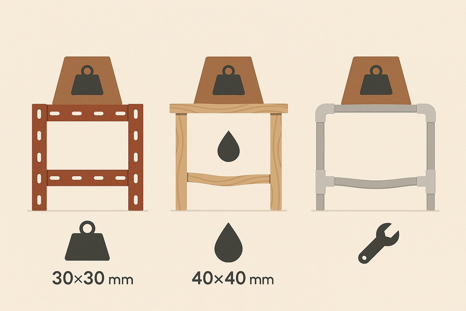 Tiga panel perbandingan: rak besi siku kokoh, rak kayu melengkung, rak pipa PVC lebih fleks, menonjolkan beban dan ketahanan lembap.