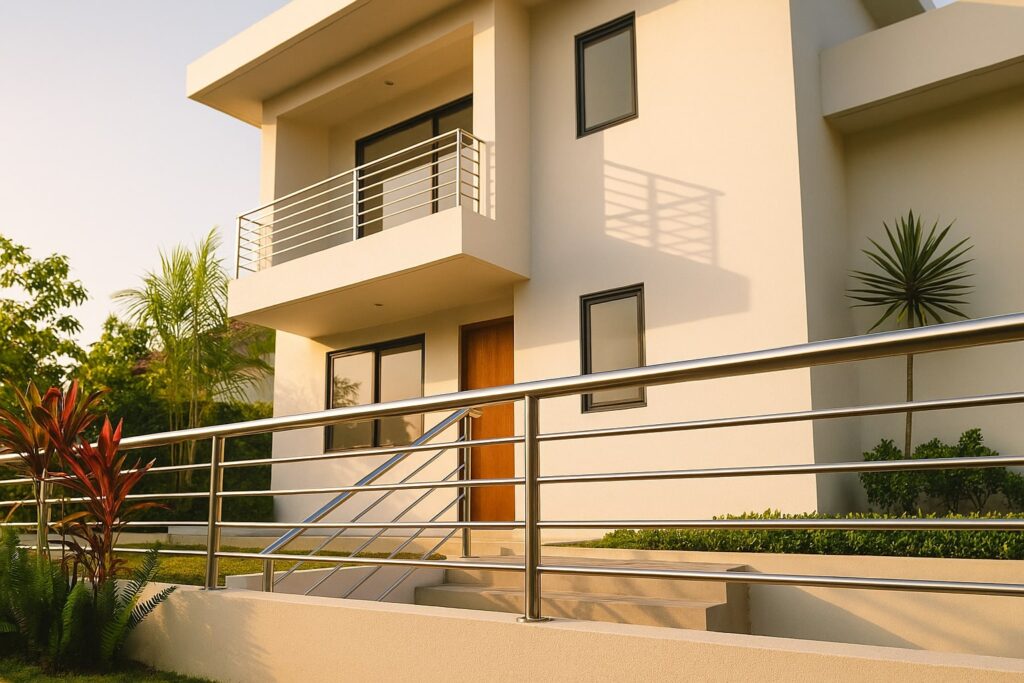 Pagar dan railing rumah modern dari pipa stainless finishing satin yang rapi dan tahan korosi.