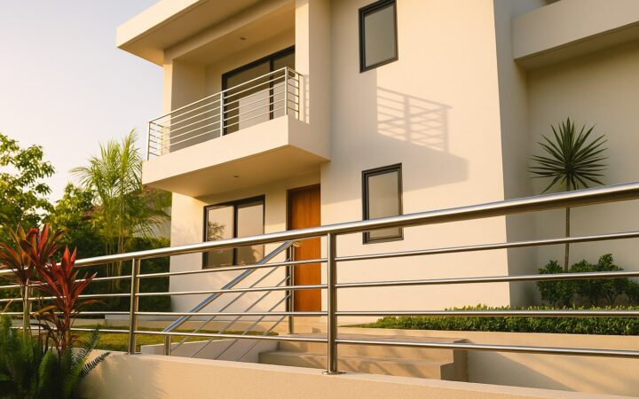 Pagar dan railing rumah modern dari pipa stainless finishing satin yang rapi dan tahan korosi.