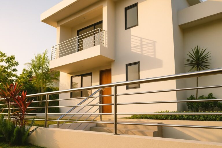 Pagar dan railing rumah modern dari pipa stainless finishing satin yang rapi dan tahan korosi.