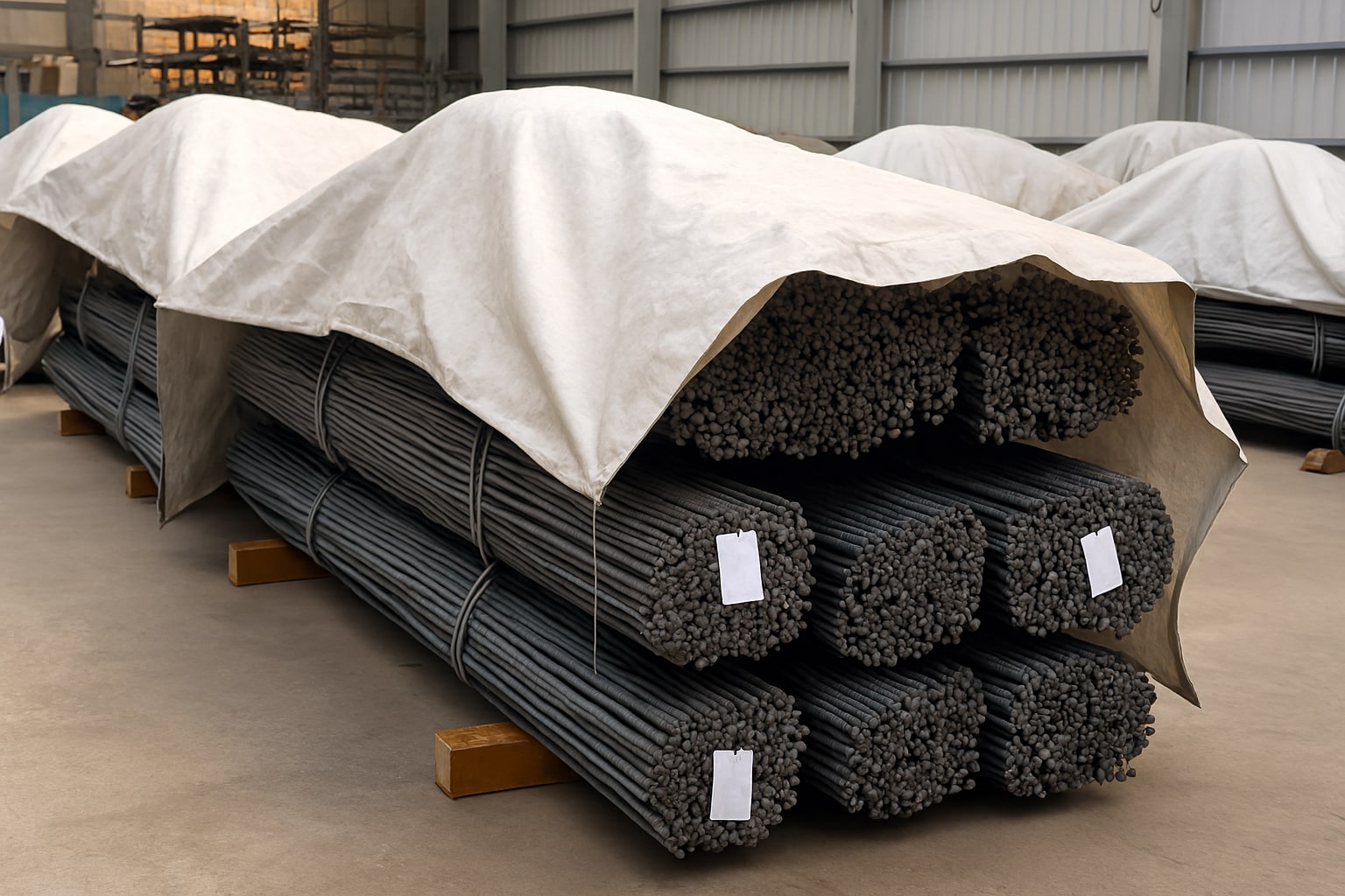 Besi beton ditumpuk di atas dunnage dengan terpal miring berventilasi, area kering dan jalur inspeksi untuk sirkulasi udara.