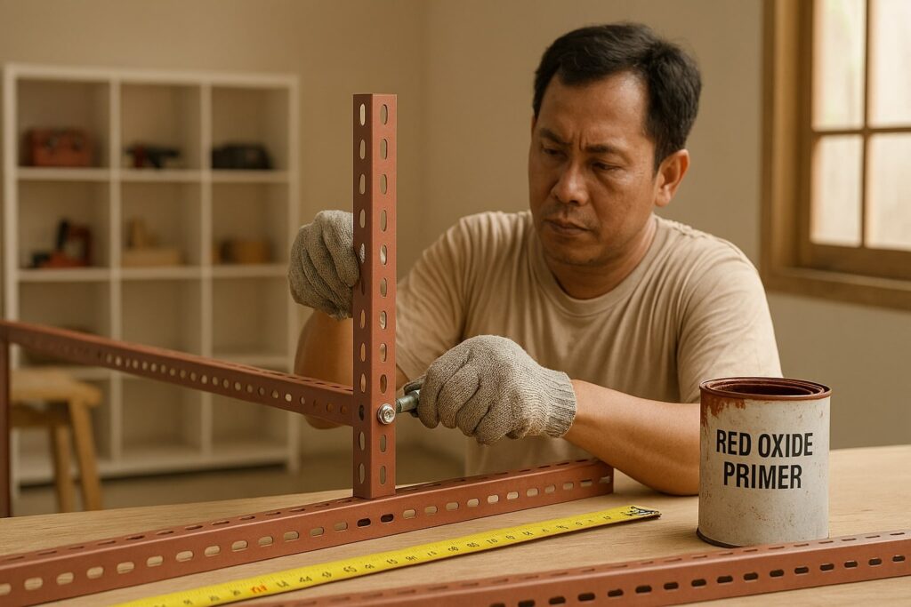 Perakitan rak besi siku modular di bengkel rumahan Indonesia dengan profil 40×40, baut M8, dan primer antikarat, tanpa logo.
