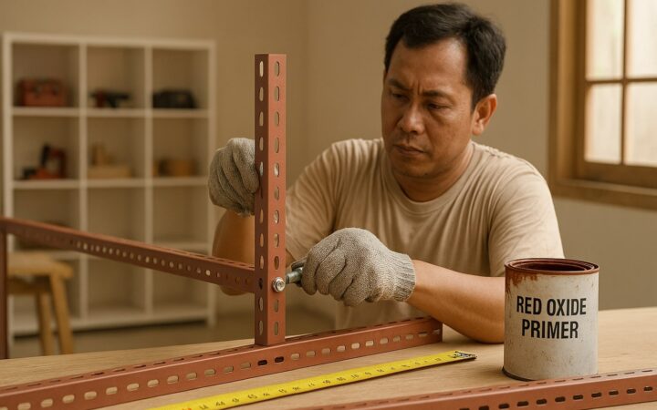 Perakitan rak besi siku modular di bengkel rumahan Indonesia dengan profil 40×40, baut M8, dan primer antikarat, tanpa logo.