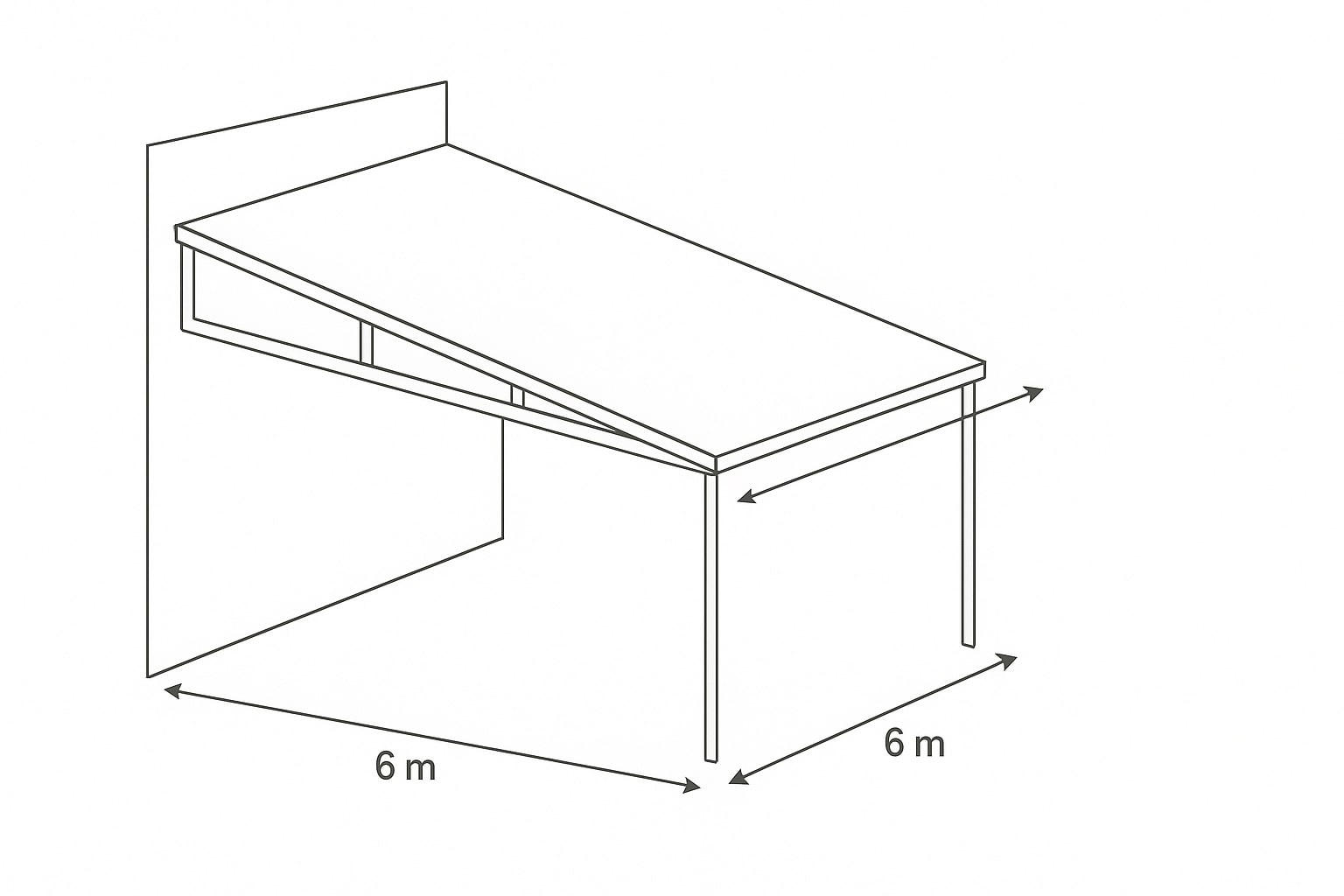 Diagram arah bentang kanopi café 3×6 meter dengan kemiringan atap dari dinding ke depan talang.
