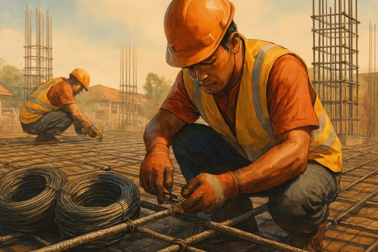 Close-up tangan tukang bangunan mengikat dua batang besi tulangan dengan kawat bendrat menggunakan tang bendrat untuk mendapatkan ikatan yang kuat dan rapi.