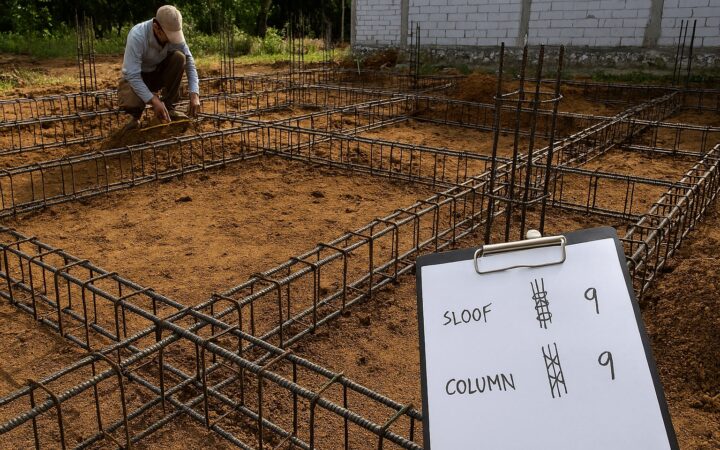 cara hitung kebutuhan besi beton untuk pondasi rumah 6x9, rumus sloof dan kolom, besi SNI