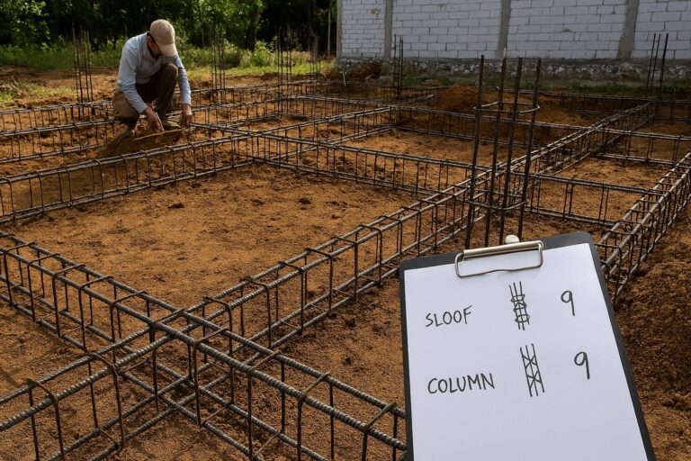 cara hitung kebutuhan besi beton untuk pondasi rumah 6x9, rumus sloof dan kolom, besi SNI