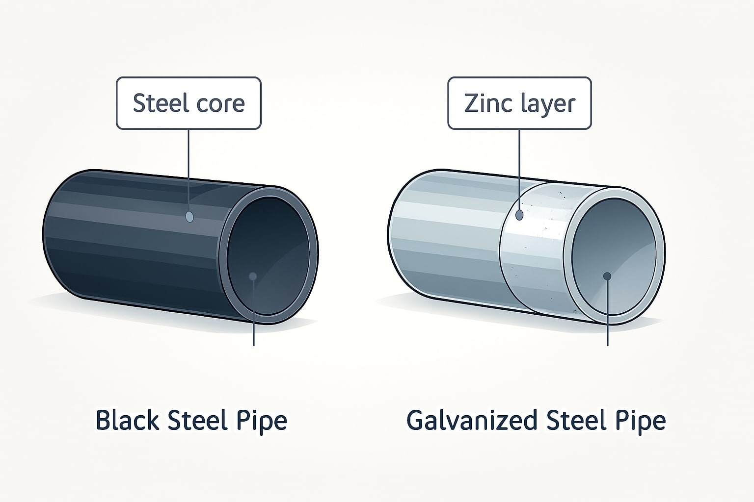 Diagram potongan melintang pipa besi hitam dan pipa galvanis menunjukkan perbedaan lapisan pelindung.