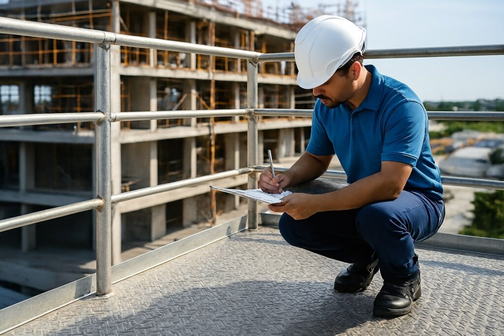 Teknisi memeriksa pemasangan plat bordes pada platform kerja untuk memastikan keamanan konstruksi