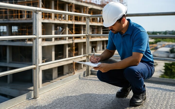 Teknisi memeriksa pemasangan plat bordes pada platform kerja untuk memastikan keamanan konstruksi