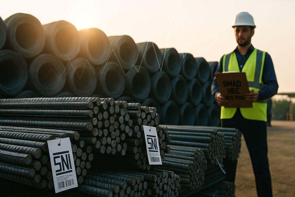 Gudang baja dengan besi beton dan coil HRC, supervisor memegang catatan “BMAD HRC 2025–2030”.