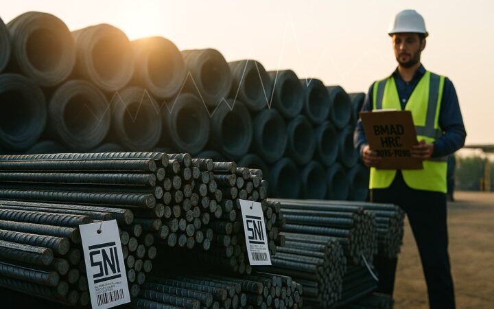 Gudang baja dengan besi beton dan coil HRC, supervisor memegang catatan “BMAD HRC 2025–2030”.