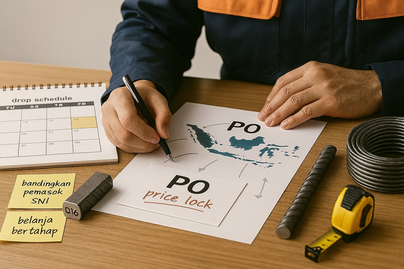 Coil HRC, billet, dan bundel besi beton dengan panah alur yang menggambarkan efek rambatan di rantai pasok.