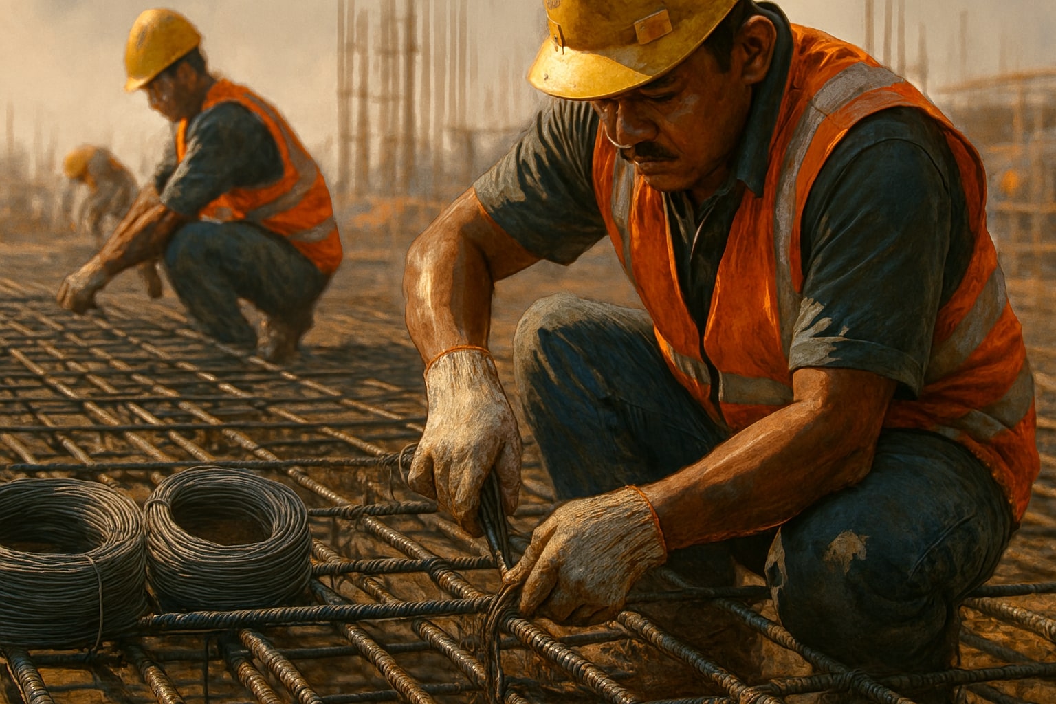 Close-up tangan tukang bangunan mengikat dua batang besi tulangan dengan kawat bendrat menggunakan tang bendrat untuk mendapatkan ikatan yang kuat dan rapi.