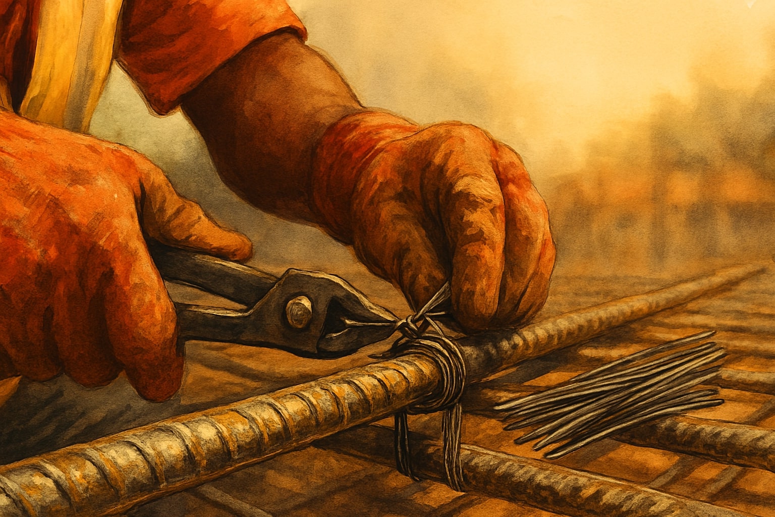 Supervisor proyek memeriksa rangka besi tulangan yang terikat rapi dengan kawat bendrat berkualitas di area konstruksi.