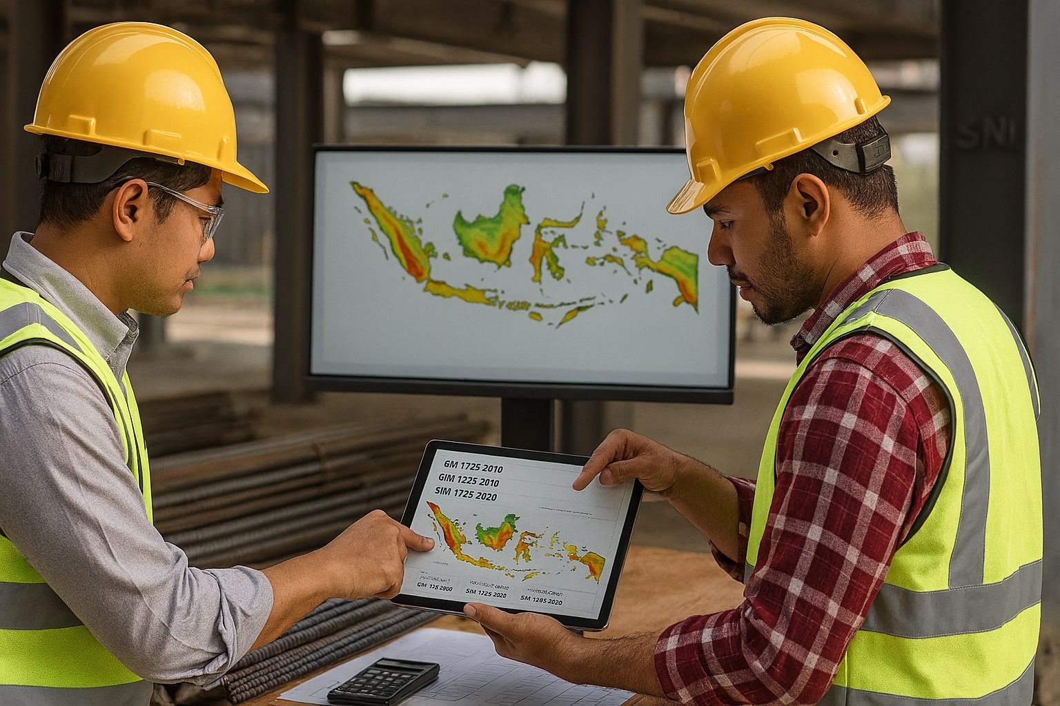 Meja kerja insinyur dengan dokumen SNI 1726:2019, SNI 2847:2019, SNI 1729:2020 dan peta sumber bahaya gempa PuSGeN di monitor.