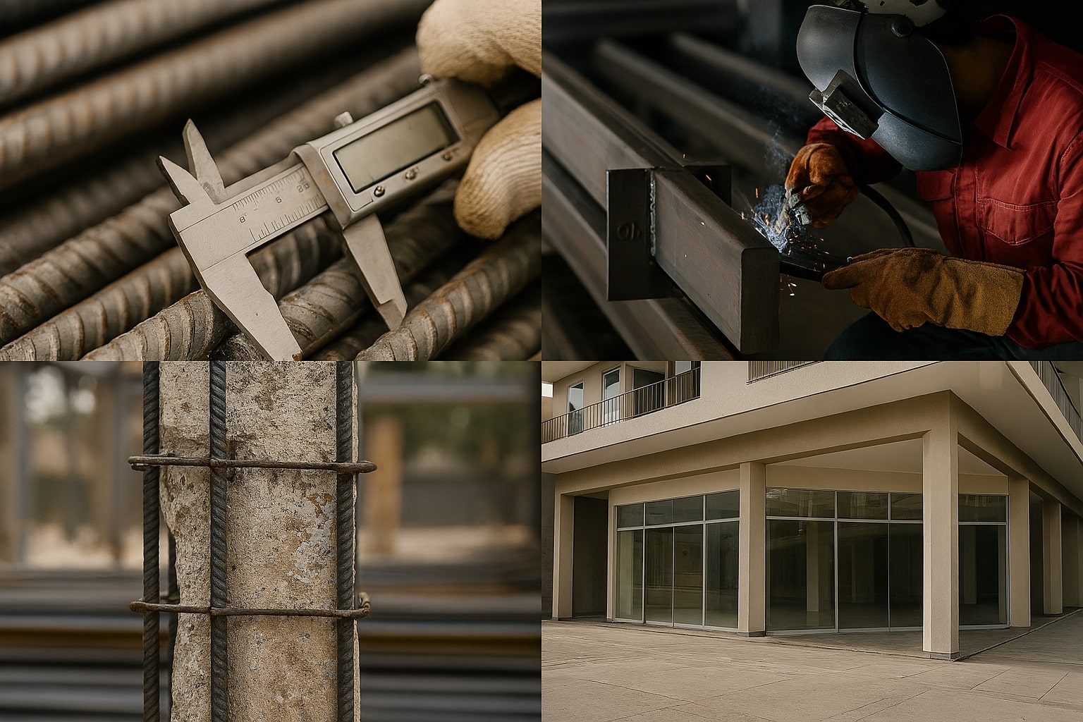 Kolase editorial: batang tulangan undersize, las tanpa WPS, sengkang jarang di sendi plastis, dan lantai dasar soft story.