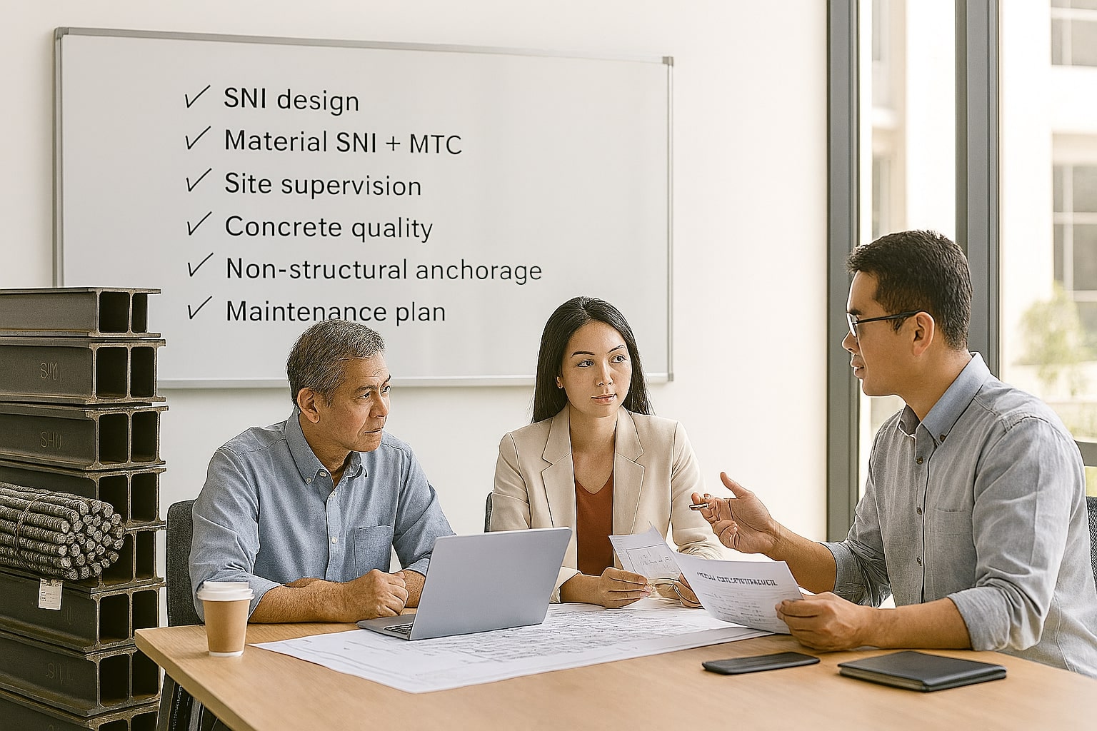 Rapat proyek: pemilik, arsitek, dan insinyur meninjau checklist SNI, pengawasan lapangan, kualitas beton, dan koneksi non-struktural.