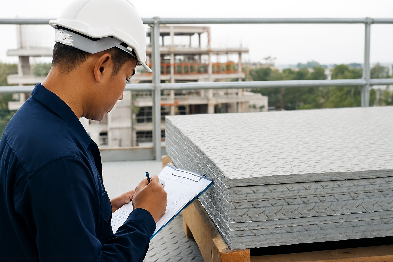 Lembaran plat bordes disusun rapi di atas palet gudang, pola diamond jelas, siap pemasangan