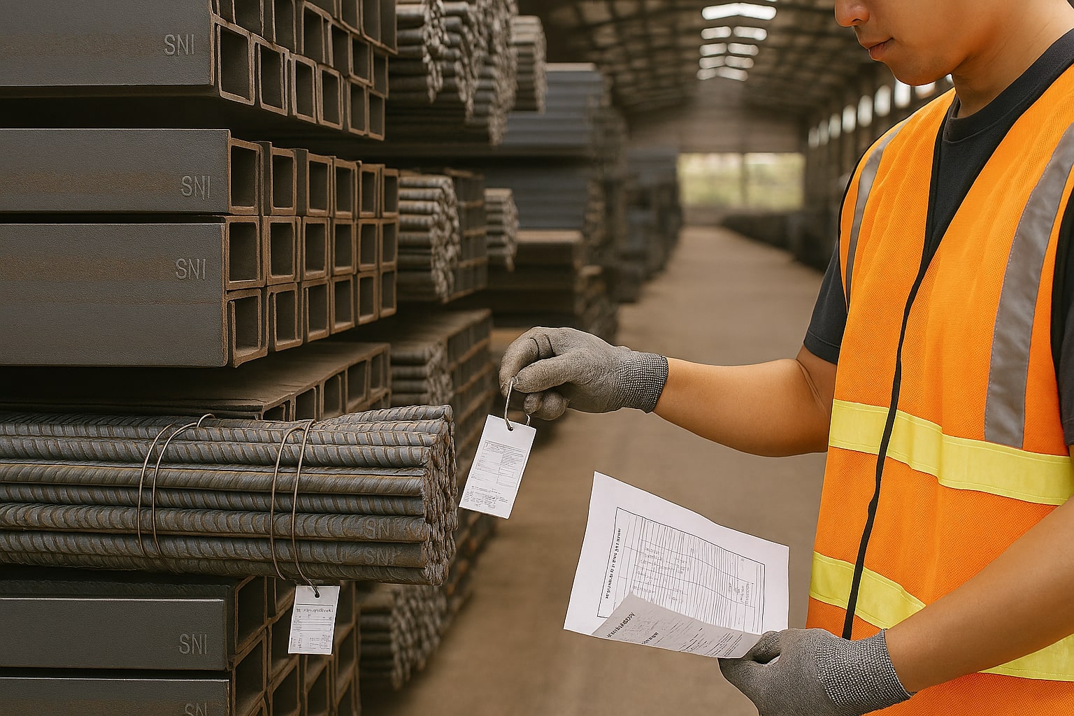 Tumpukan baja WF dan bundel besi tulangan berembos SNI, label bundel dan dokumen MTC diperiksa staf gudang.