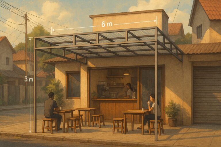 Ilustrasi kanopi café 3×6 meter dari besi hollow galvanis dengan rangka teratur dan atap polycarbonate.